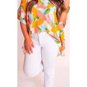 Pink Tropical Chiffon Blouse Women’s L Coverup Beach Fairy Sexy Festival Shirt